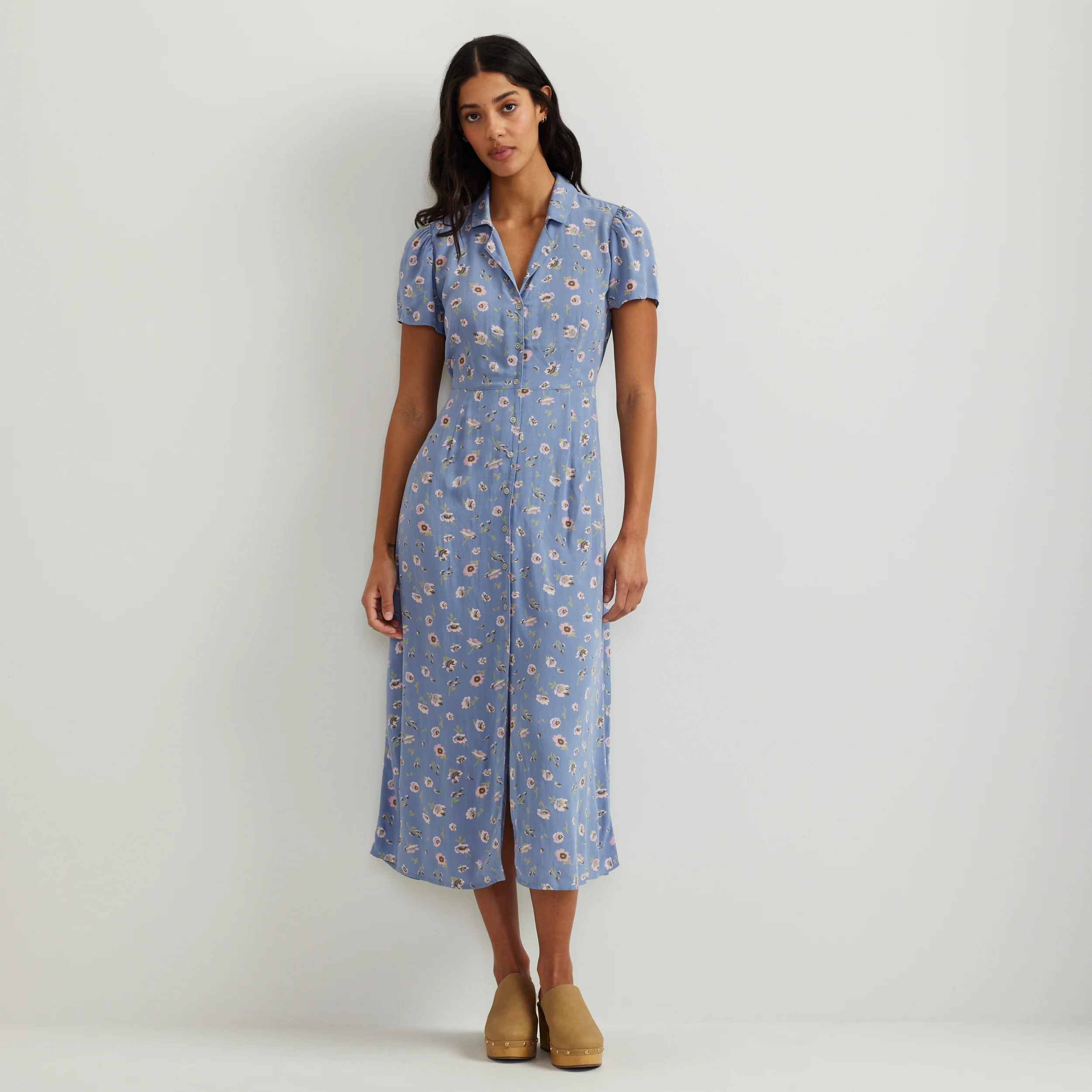 Women's Camp Collar Short-Sleeve Midi Dress