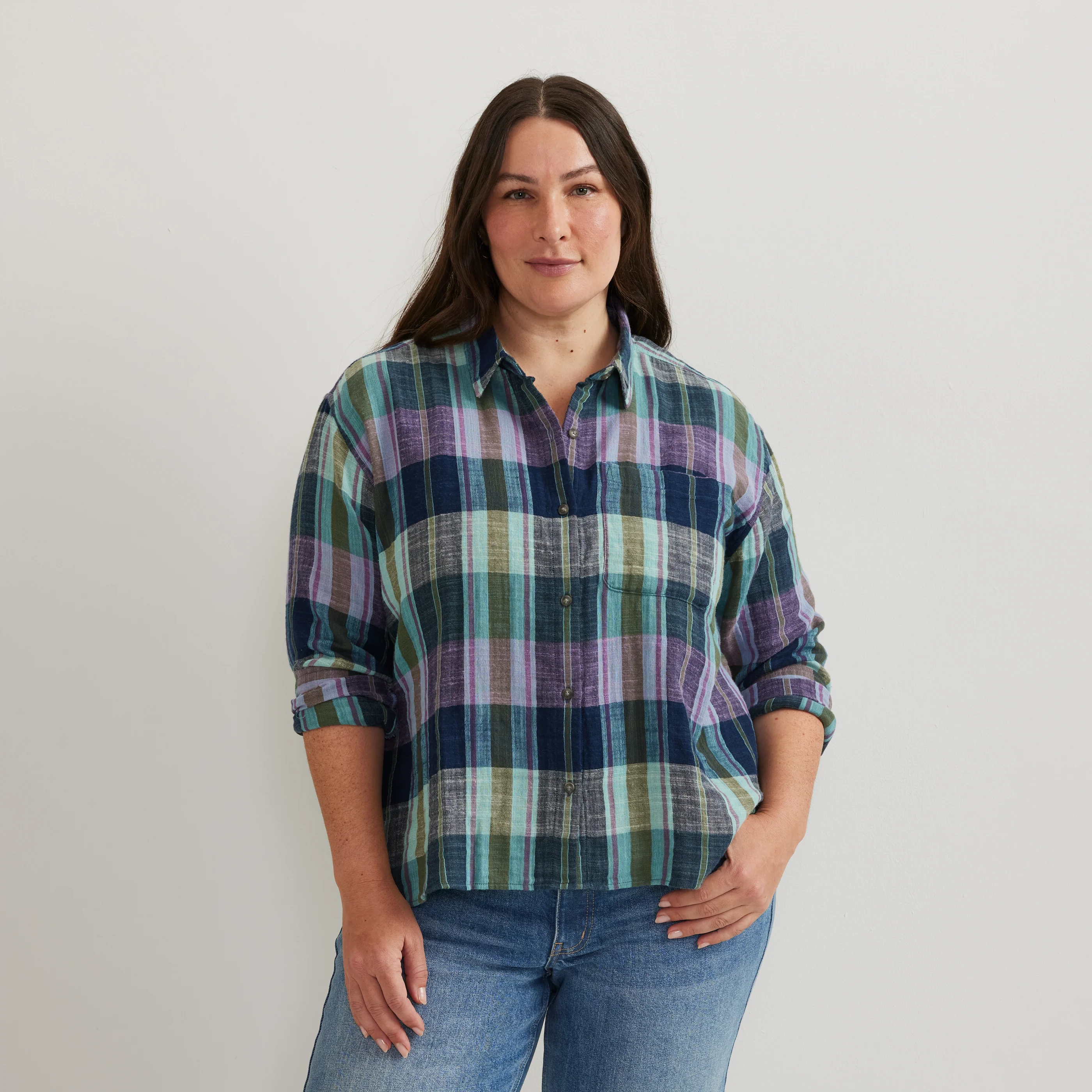 Women's Cotton Slub Plaid Long-Sleeve Shirt