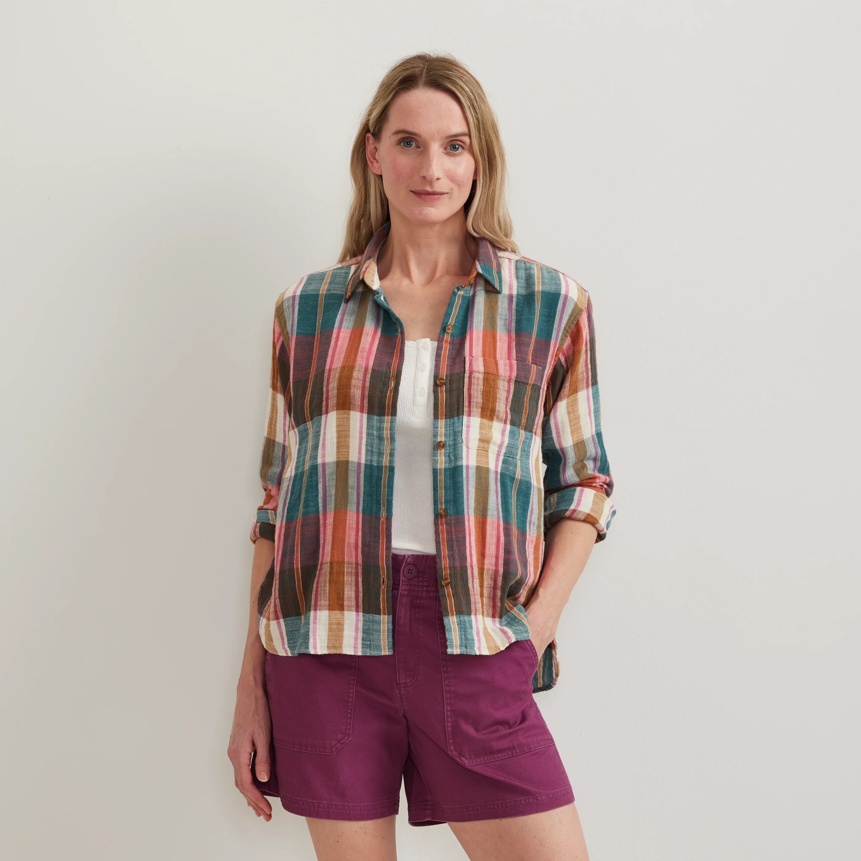 Women's Cotton Slub Plaid Long-Sleeve Shirt