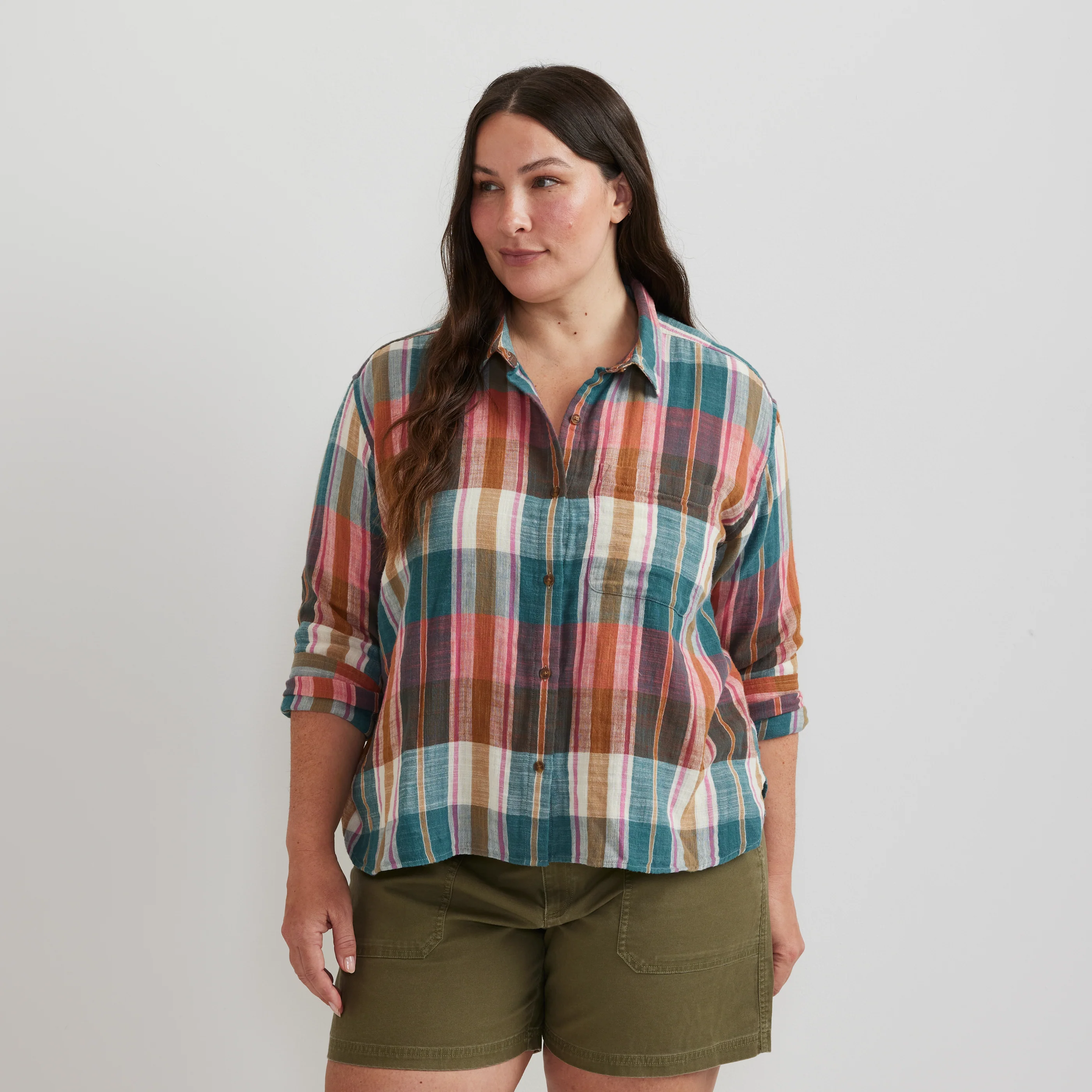 Women's Cotton Slub Plaid Long-Sleeve Shirt